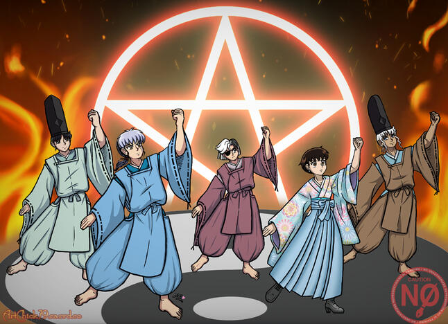 the cast of Rumiko Takahashi's MAO doing the Let's Go Onmyoji pose